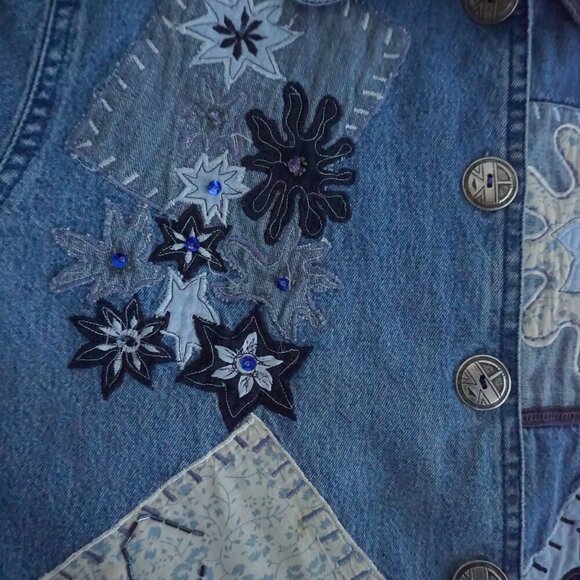 Vintage Keren Hart Blue Patchwork Button Up Lightweight Denim Jacket Xl - Picture 10 of 13